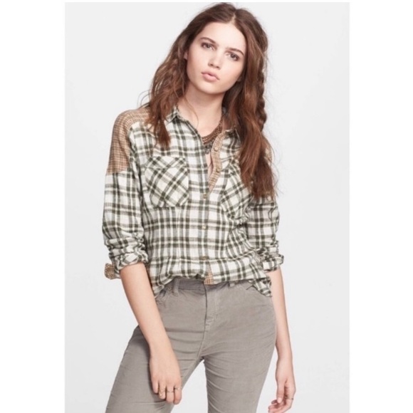 Free People Catch Up With Me mixed plaid flannel button front shirt size medium - Picture 1 of 12